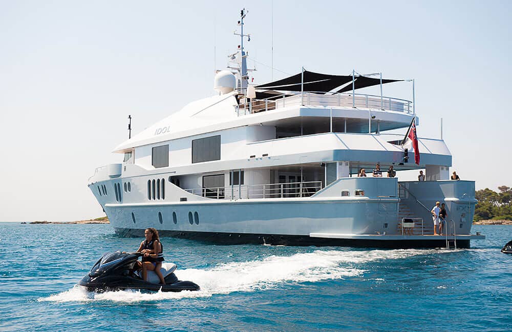 View of Idol from the back of the yacht with ski jet