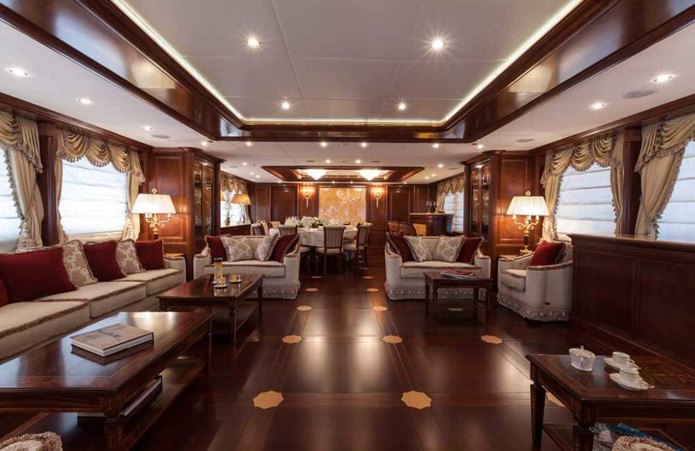 Dining and living room on yacht Pride