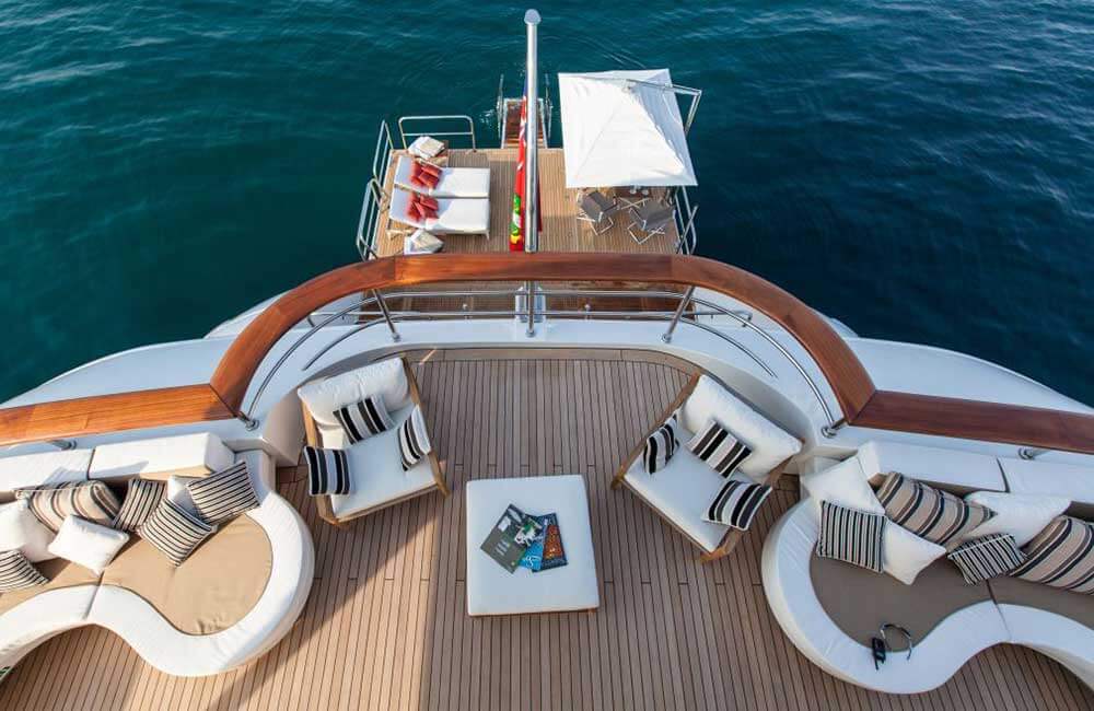 Top view of motor yacht Pride sun deck and lower decks
