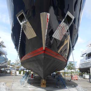 Bow of yacht during dry dock