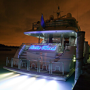 Rear image of neon lights on yacht