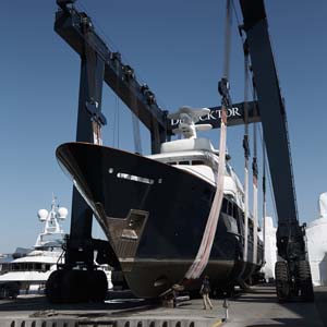 Yacht lifted for dry dock storage and maintenance