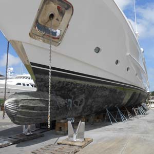 Yacht with a bulbous bow in dry dock