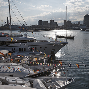 Yachts in a marina at sunrise