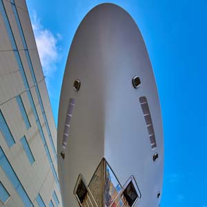 image from below the bow of a yacht